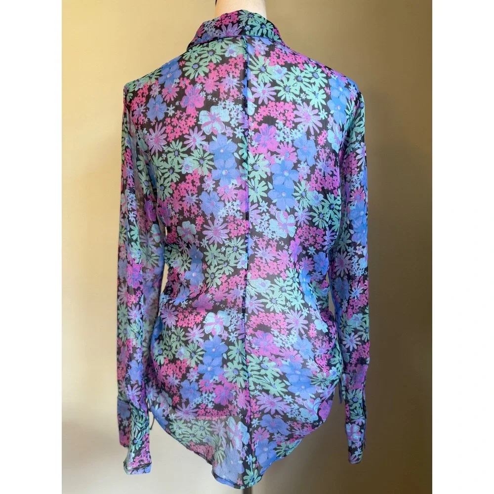Free People Floral Ruched Side‎ Button Down Shirt  Purple Blue Small boho whimsi